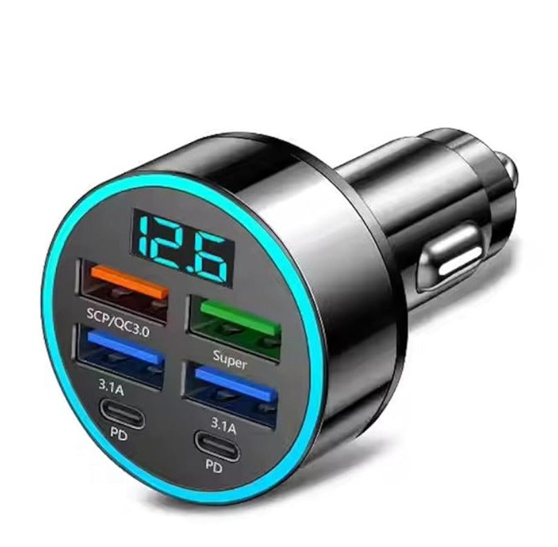 6-Port Fast Car Charger | 66W USB + Type-C Adapter with LED Display ...